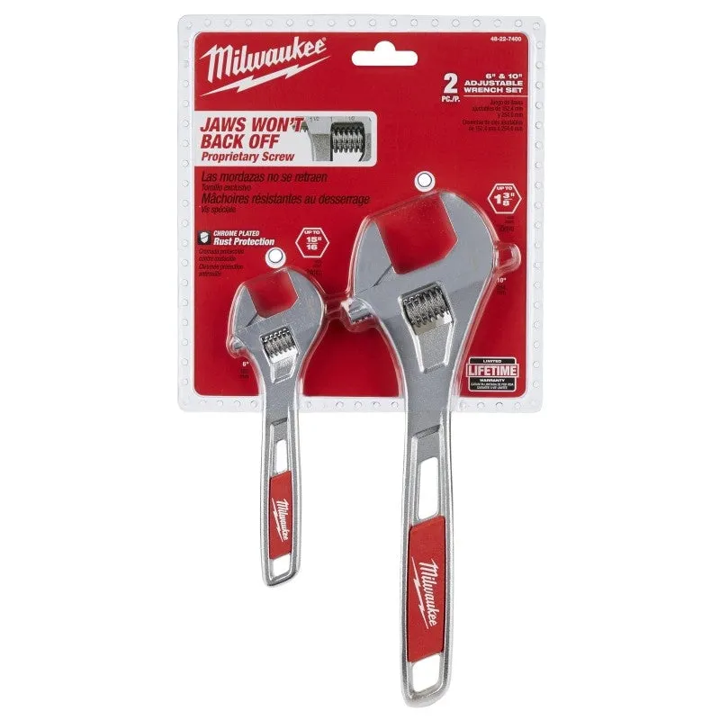 Milwaukee 48-22-7400 Adjustable Wrench Set, 6 in, 10 in OAL, 1-3/8 in, 15/16 in Jaw, Steel, Chrome, Ergonomic Handle