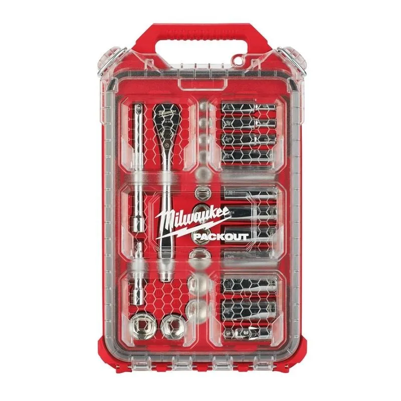 Milwaukee 48-22-9481 3/8in Drive 28pc Ratchet and Socket Set with PACKOUT Low-Profile Compact Organizer – SAE
