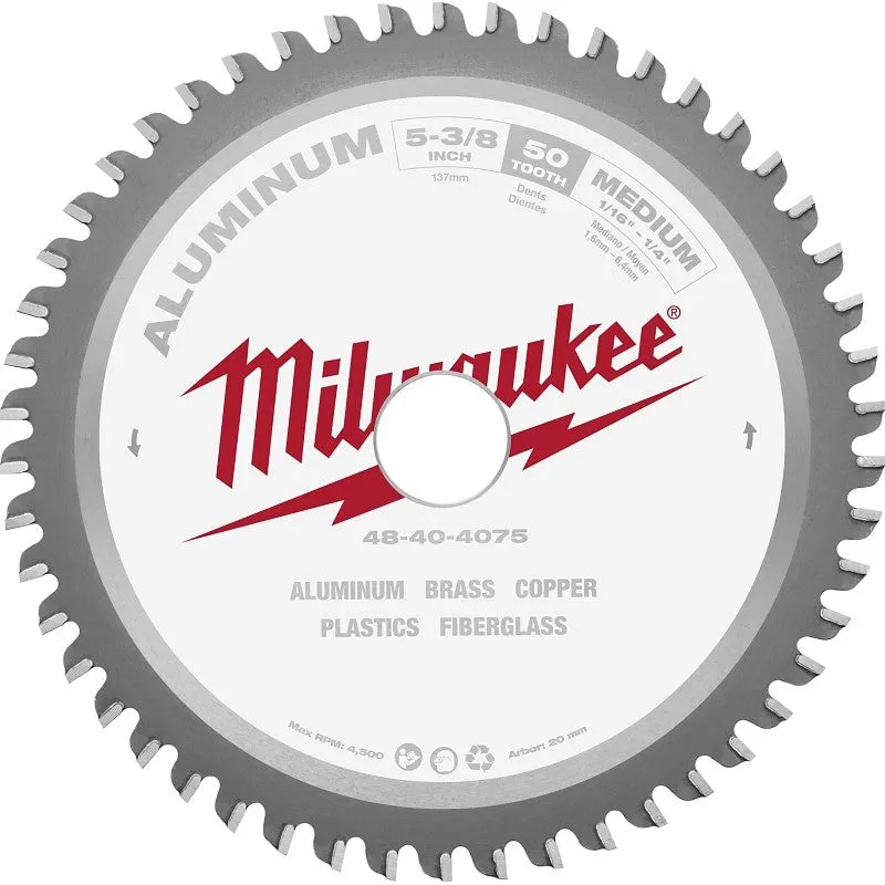 Milwaukee 48-40-4075 Circular Saw Blade, 5-3/8 in Dia, 20 mm Arbor, 50-Teeth, Tungsten Carbide Cutting Edge