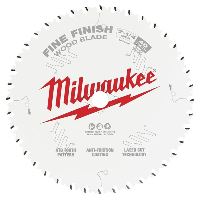 Milwaukee 48-41-0726 Circular Saw Blade, 7-1/4 in Dia, 5/8 in Arbor, 40-Teeth, Cobalt/Tungsten Carbide Cutting Edge (Pack of 10)