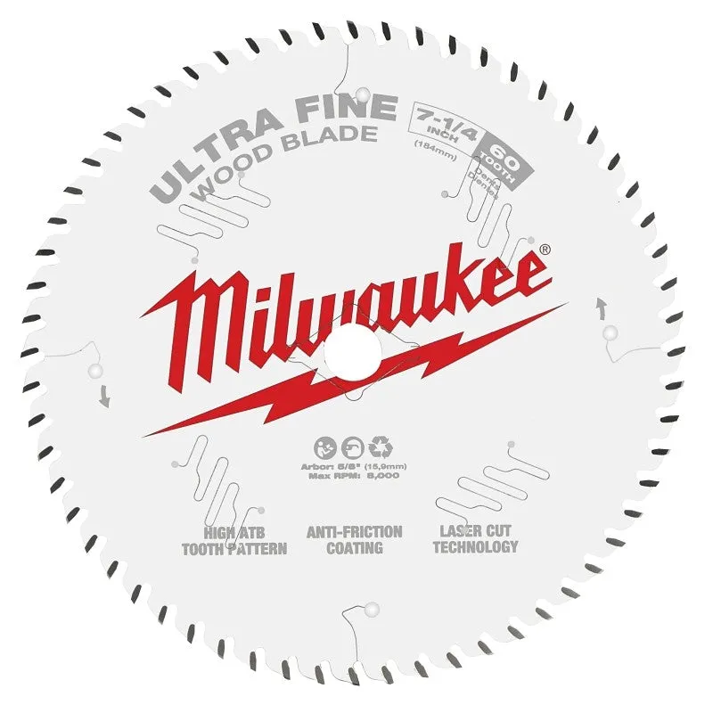 Milwaukee 48-41-0730 Circular Saw Blade, 7-1/4 in Dia, 5/8 in Arbor, 60-Teeth, Carbide Cutting Edge, 10/PK (Pack of 10)