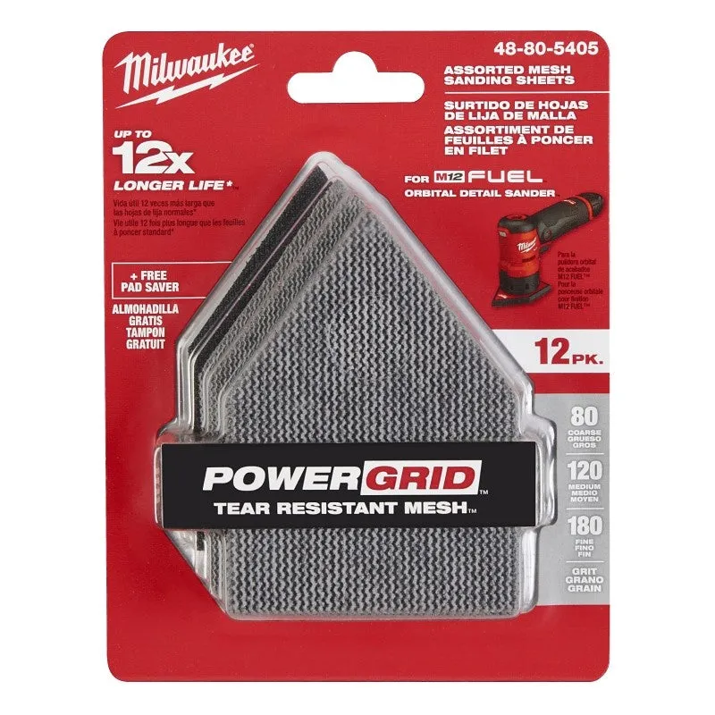 Milwaukee 48-80-5405 Mesh Sanding Sheet, 3-5/8 in W, 3-3/4 in L, 80, 120, 180 Grit, Aluminum Oxide, Nylon Backing, 12/PK (Pack of 3)
