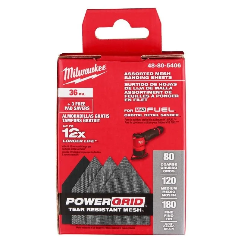 Milwaukee 48-80-5406 Assorted 80, 120 180 Grit Mesh Sanding Sheets for M12 FUEL Orbital Detail Sander 36-Pack