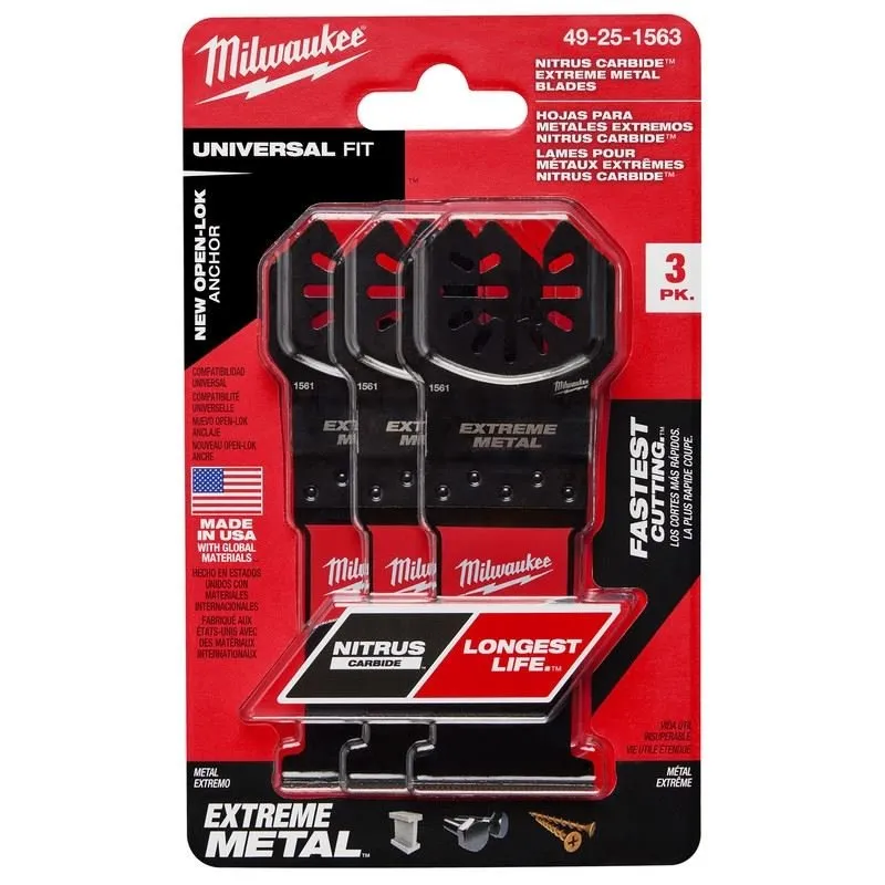 Milwaukee 49-25-1563 NITRUS CARBIDE Extreme Metal Universal Fit OPEN-LOK Multi-Tool Blade – 3pk