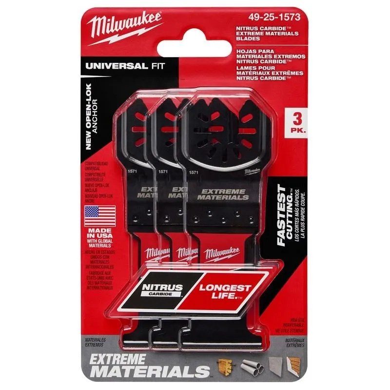 Milwaukee 49-25-1573 NITRUS CARBIDE Extreme Materials Universal Fit OPEN-LOK Multi-Tool Blade – 3pk
