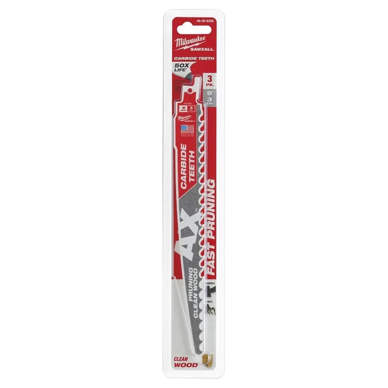 Milwaukee AX 48-00-5332 Pruning Blade, 9 in Blade, 3 TPI, Carbide Blade, For: Reciprocating Saws