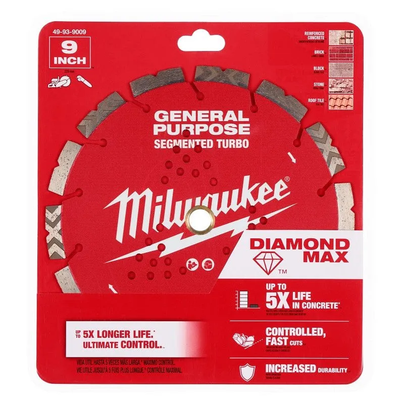 Milwaukee DIAMOND MAX 49-93-9009 Turbo General-Purpose Saw Blade, 9 in Dia, 7/8 in-5/8 in Arbor, Segmented Rim
