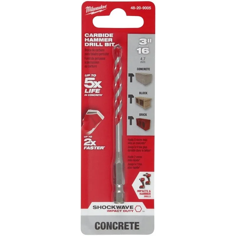 Milwaukee SHOCKWAVE 48-20-9005 Drill Bit, 3/16 in Dia, 4 in OAL, Wide Flute, 1/4 in Dia Shank, Hex Shank (Pack of 3)
