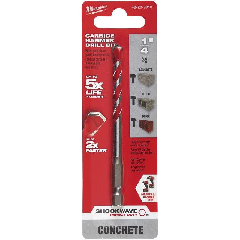 Milwaukee SHOCKWAVE 48-20-9010 Drill Bit, 1/4 in Dia, 4 in OAL, Wide Flute, 1/4 in Dia Shank, Hex Shank (Pack of 3)