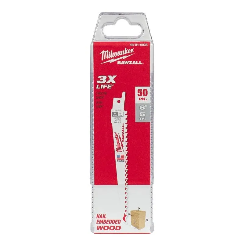 Milwaukee Sawzall Series 48-01-6035 Reciprocating Saw Blade, 3/4 in W, 6 in L, 5 TPI, Bi-Metal Cutting Edge