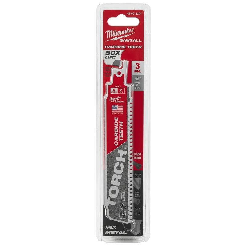 Milwaukee TORCH 48-00-5301 Series Reciprocating Saw Blade, 1 in W, 6 in L, 7 TPI, Carbide Cutting Edge, 3/PK