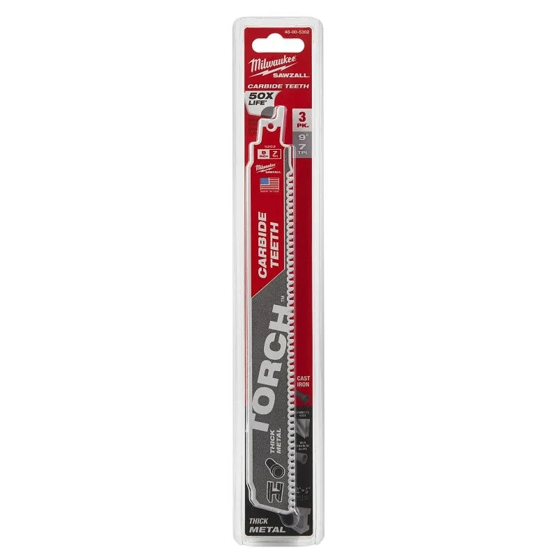 Milwaukee TORCH 48-00-5302 Series Reciprocating Saw Blade, 1 in W, 9 in L, 7 TPI, Carbide Cutting Edge, 3/PK