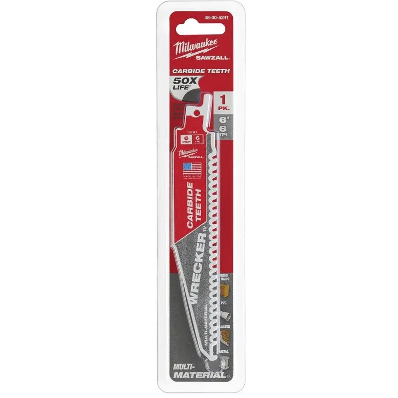 Milwaukee WRECKER 48-00-5241 Reciprocating Saw Blade, 6 in L, 6 TPI, Carbide Cutting Edge