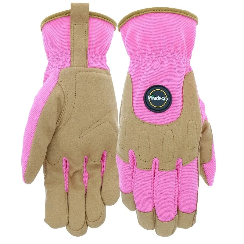 Miracle-Gro MG86203/WML Gloves, Women’s, M/L, 4 in L, Reinforced Thumb, Shirred Wrist Cuff, Synthetic Leather, Pink