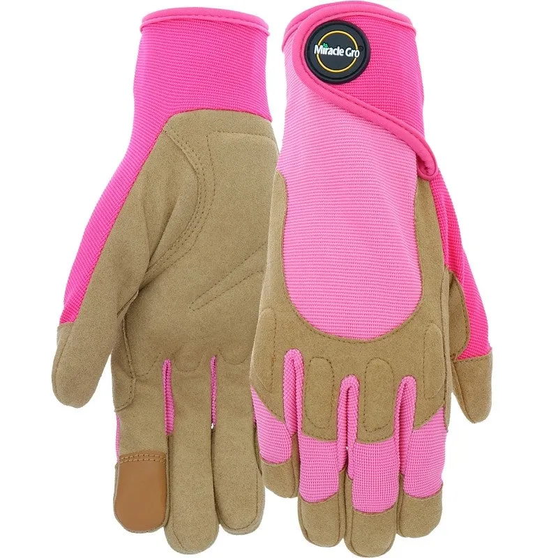 Miracle-Gro MG86208/WML Gloves, Women’s, M/L, 4 in L, Reinforced Thumb, Hook and Loop Cuff, Synthetic Leather, Pink