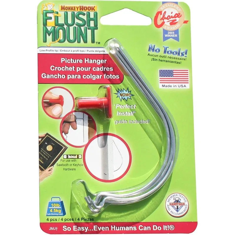 Monkey Hook Flush Mount TMH-444 Picture Hanger, 10 lb, Spring Steel, Galvanized, Silver, Flush (Pack of 12)