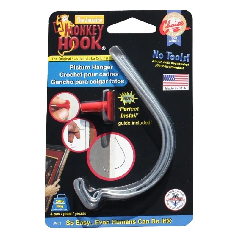 Monkey Hook Original Series TMH-345 Picture Hanger, 20 lb, High Carbon Spring Steel, Galvanized Zinc, Silver (Pack of 12)
