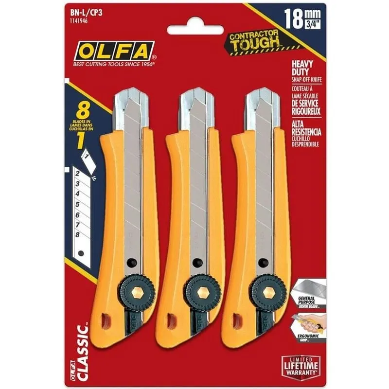 OLFA BN-L/CP3 18mm Heavy-Duty Ratchet Lock Snap-Off Utility Knife – 3 Pack