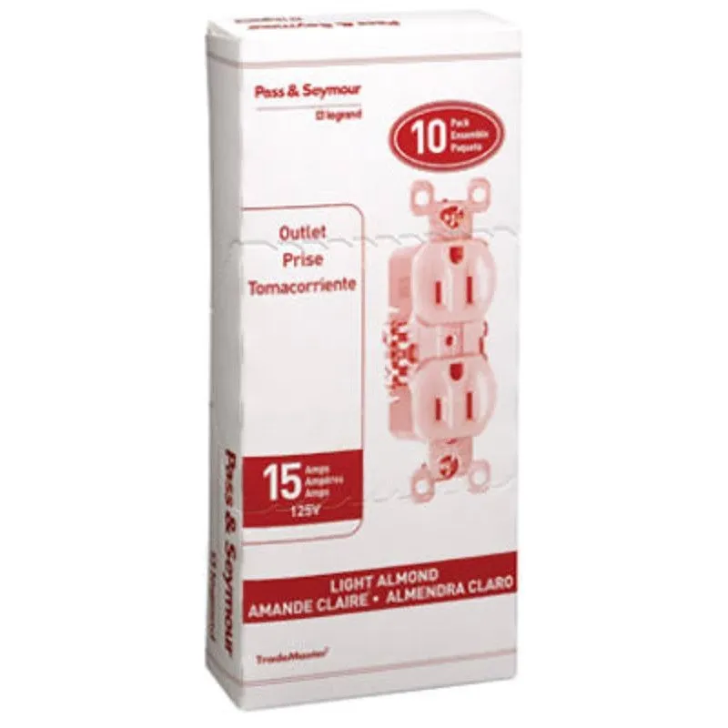 Pass & Seymour TradeMaster Series 3232LACP8 Duplex Receptacle, Thermoplastic, Light Almond, 2-Pole, 15 A, 3-Wire