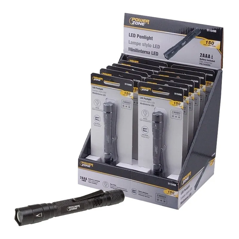 PowerZone F12001 Penlight, AAA Battery, AAA Battery, LED Lamp, 150 Lumens, 60 m Beam Distance, 1 hrs Run Time, Black (Pack of 12)