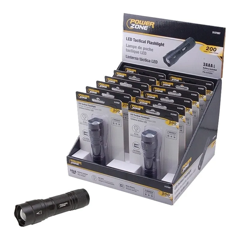 PowerZone F12002 Tactical Flashlight, AAA Battery, AAA Battery, LED Lamp, 200 Lumens, 100 m Beam Distance, Black (Pack of 12)