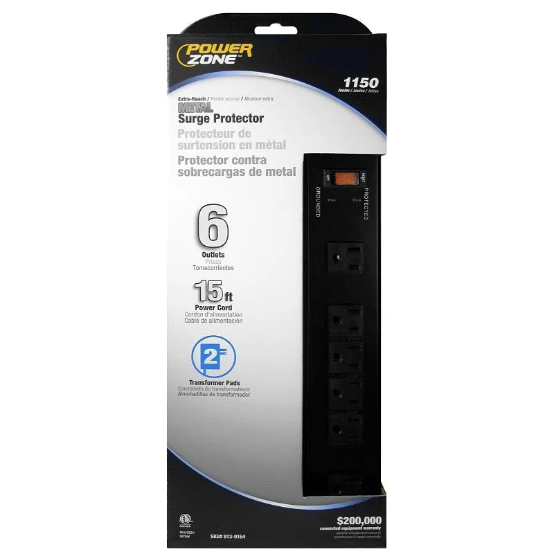 PowerZone OR802135 Surge Protector Power Strip, 125 V, 15 A, 6-Outlet, 1150 Joules Energy, Black