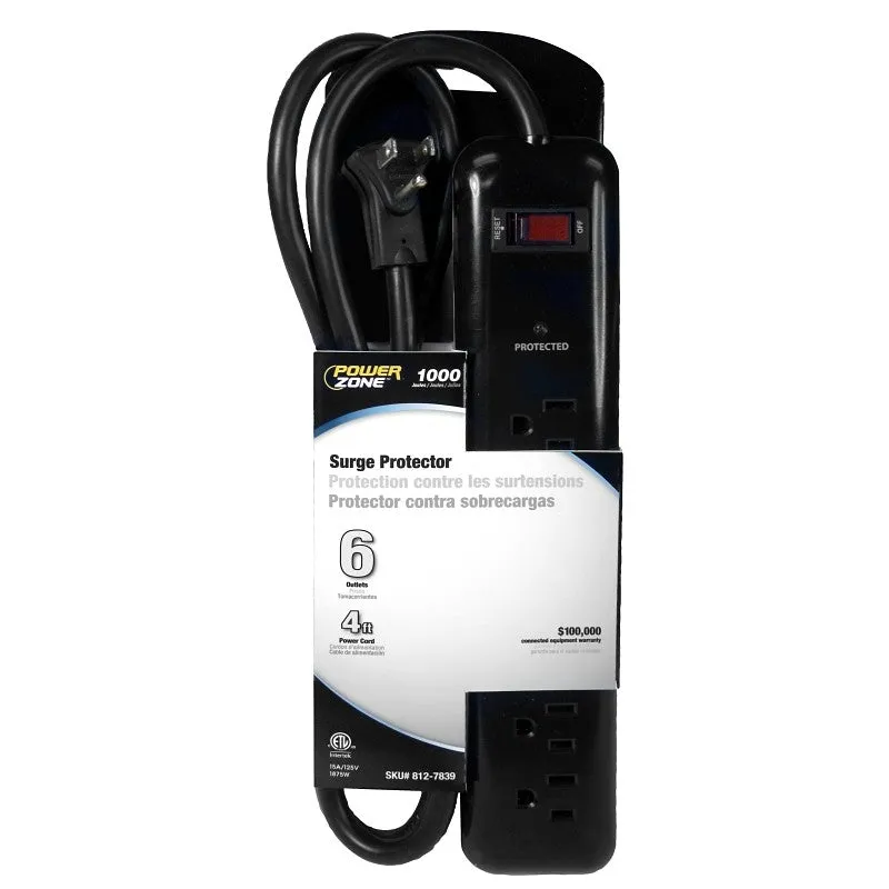 PowerZone OR802225 Surge Protector Tap Strip, 125 V, 15 A, 6-Outlet, 1000 Joules Energy, Black