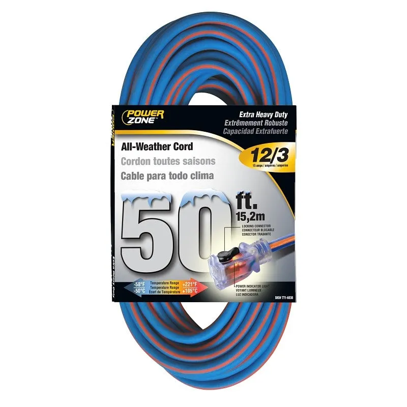 PowerZone ORC530830 Extension Cord, 12 AWG Cable, 5-15P Grounded Plug, 5-15R Grounded Receptacle, 50 ft L, 125 V