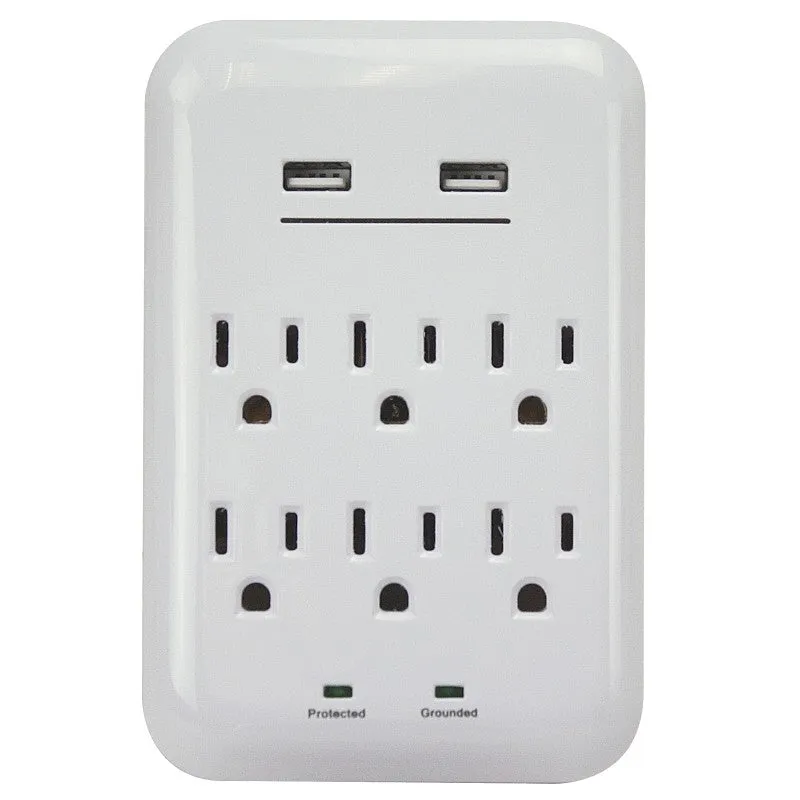 PowerZone ORUSB346S USB Charger with Surge Protection, 2-Pole, 125 V, 15 A, 6-Outlet, 1200 Joules Energy, White