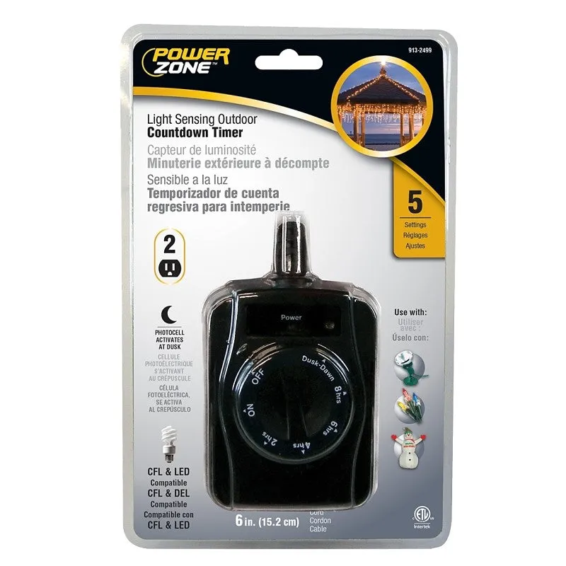PowerZone TNOCD002 Countdown Timer with Photosensor, 15 A, 125 V, 1875 W, 2 -Outlet, Black