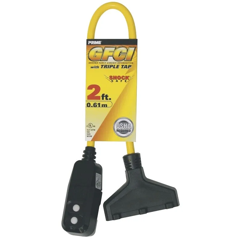 Prime GF420802 Triple Tap Adapter, 2 ft Cable, Female, Male, 15 A, 125 V, Yellow