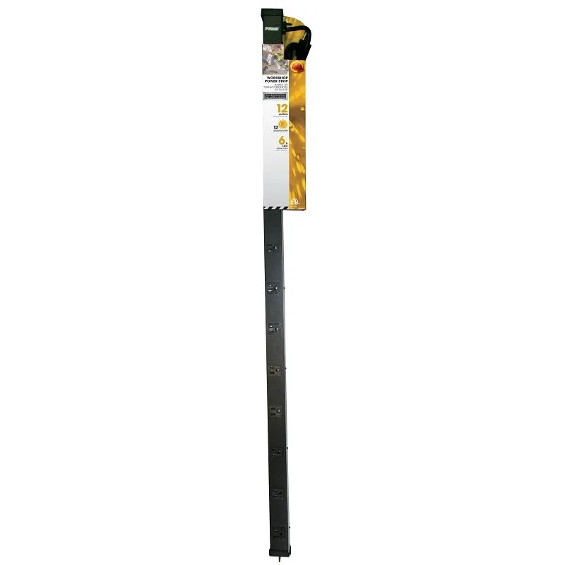 Prime PB800012 Power Outlet Strip, 6 ft L Cable, Straight Plug, 12 -Socket, 15 A, 125 V, Black