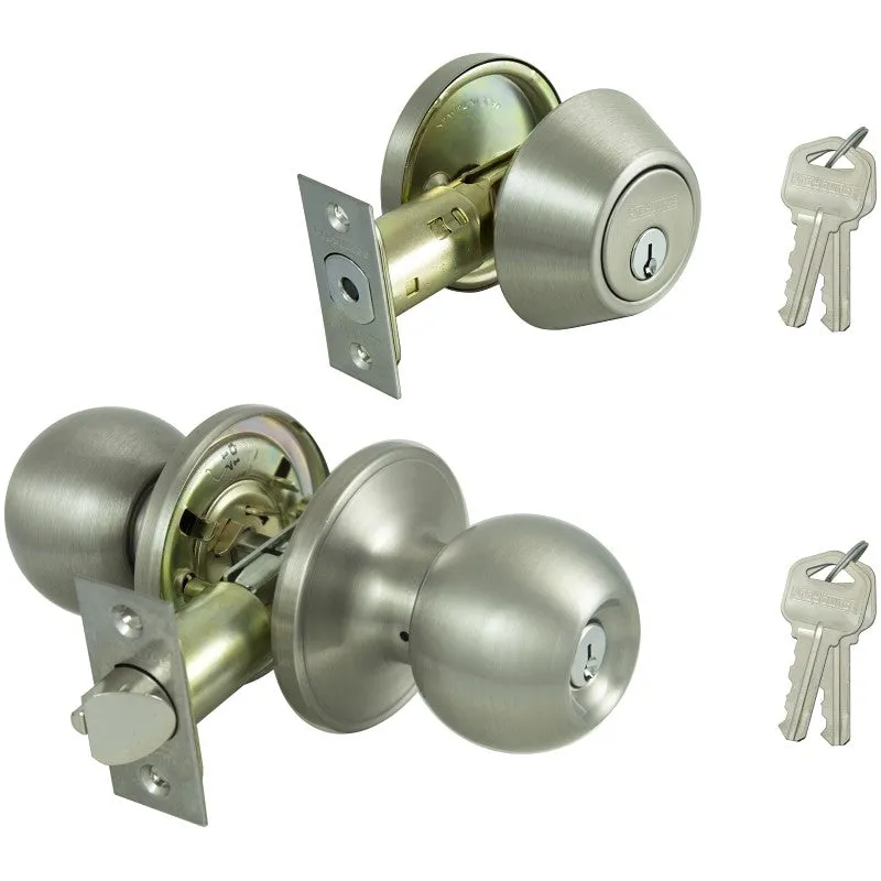 ProSource B3PB1-PS Deadbolt and Entry Lockset, Turnbutton Lock, Saturn Design, Satin Nickel, 3 Grade, Stainless Steel (Pack of 2)