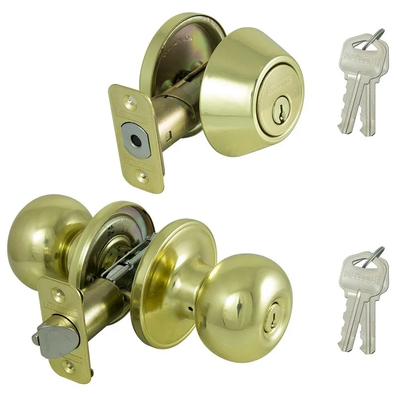 ProSource B9721BRA4F Deadbolt and Entry Lockset, Turnbutton Lock, Ball Design, Polished Brass, 3 Grade, Brass (Pack of 2)