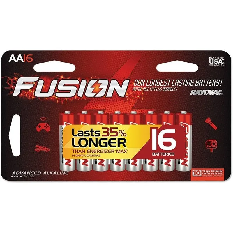 Rayovac FUSION 815-16LTFUSK Premium Battery, 1.5 V Battery, 2700 mAh, AA Battery, Alkaline, Zinc, Red/Silver