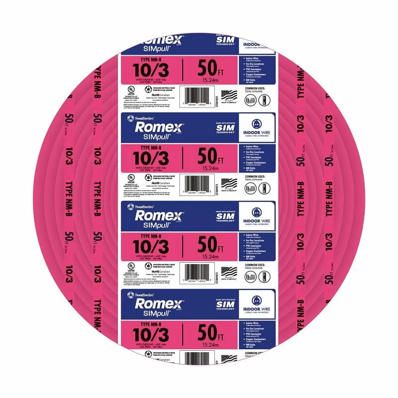 Romex 10/3NM-WGX50 Building Wire, 10 AWG Wire, 3-Conductor, 50 ft L, Copper Conductor, PVC Insulation, Nylon Sheath