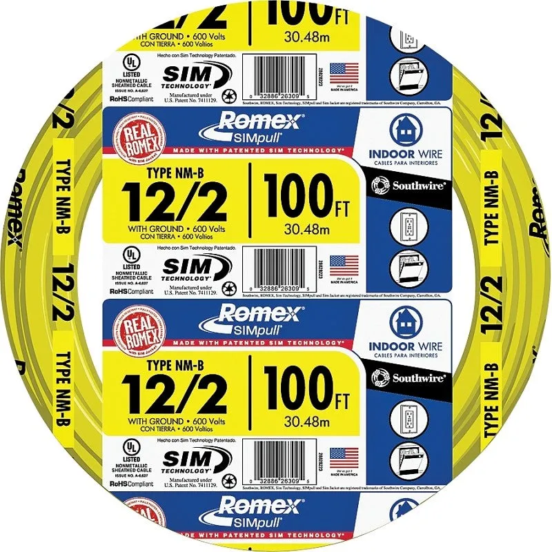 Romex 12/2NM-WGX100 Building Wire, 12 AWG Wire, 2 -Conductor, 100 ft L, Copper Conductor, PVC Insulation