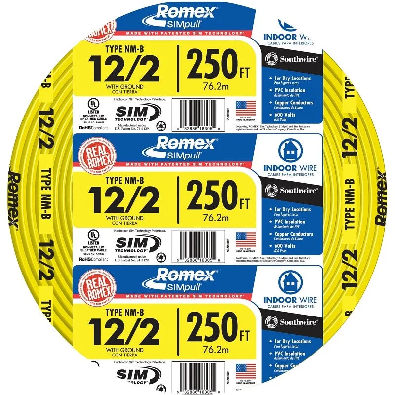 Romex 12/2NM-WGX250 Building Wire, 12 AWG Wire, 2 -Conductor, 250 ft L, Copper Conductor, PVC Insulation