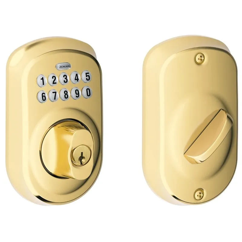 Schlage BE365 PLY 505 Electronic Deadbolt, Bright Brass, Residential, 1 Grade, Metal, Thumbturn Interior Handle