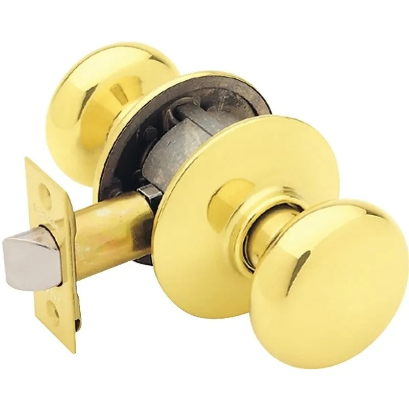 Schlage F Series F10 PLY 605 Passage Knob, Plymouth, Round, 2-3/4 in Dimensions, Metal, Bright Brass, Reversible Hand