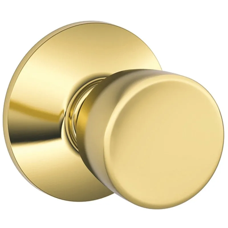 Schlage F10 BEL 605 Passage Knob, Metal, Bright Brass, 2-3/8, 2-3/4 in Backset, 1-3/8 to 1-3/4 in Thick Door