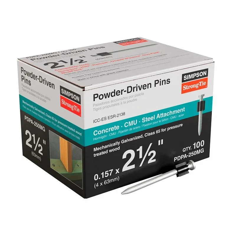 Simpson Strong-Tie PDPA Series PDPA-250MG Drive Pin, 0.157 in Dia Shank, 2-1/2 in L, Steel, Class 65 Galvanized, 100/PK