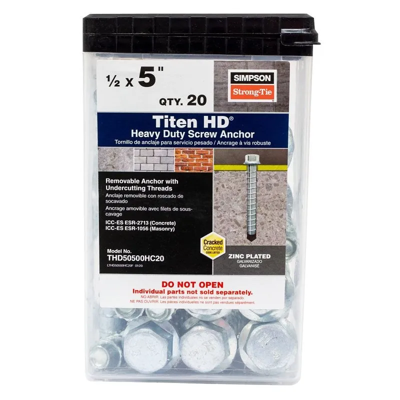 Simpson Strong-Tie Titen HD THD50500HC20 Heavy-Duty Screw Anchor, 1/2 in Dia, 5 in L, Carbon Steel, Zinc Plated