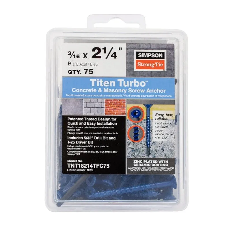 Simpson Strong-Tie Titen Turbo TNT18214TFC75 Screw Anchor, 3/16 in Dia, 2-1/4 in L, Carbon Steel, Ceramic-Coated/Zinc