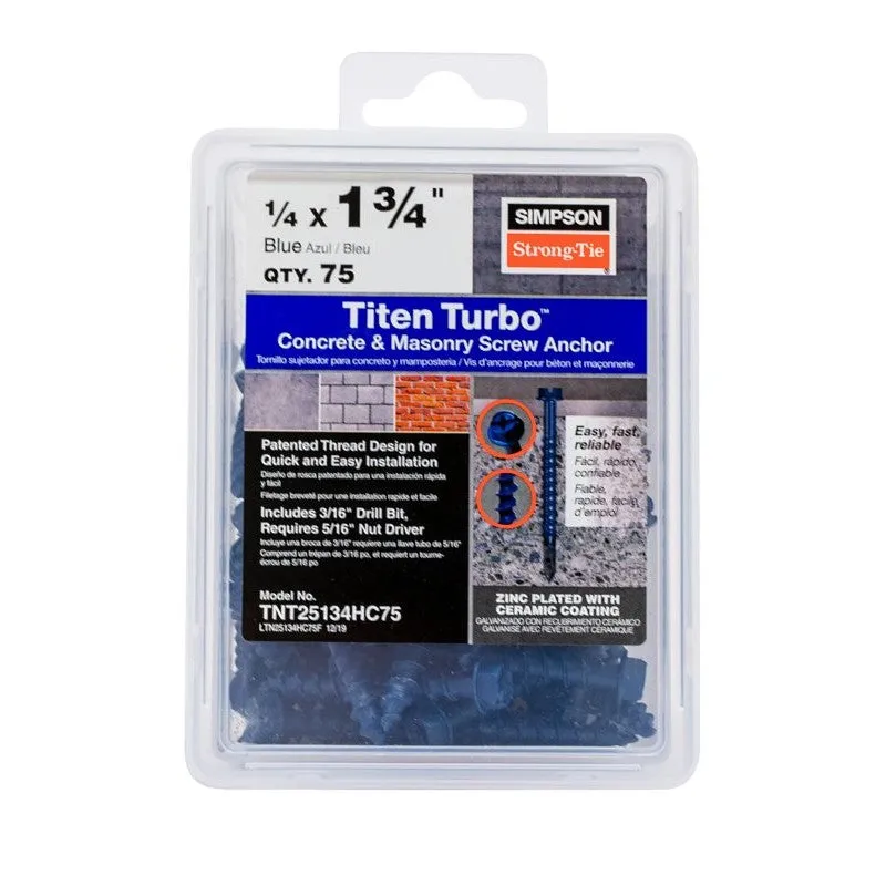 Simpson Strong-Tie Titen Turbo TNT25134HC75 Screw Anchor, Carbon Steel, Ceramic-Coated/Zinc, 1/4 in Dia, 1-3/4 in L