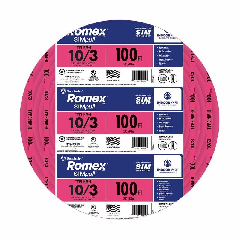 Southwire 10/3NM-WGX100 Sheathed Cable, 10 AWG Wire, 3-Conductor, 100 ft L, Copper Conductor, PVC Insulation