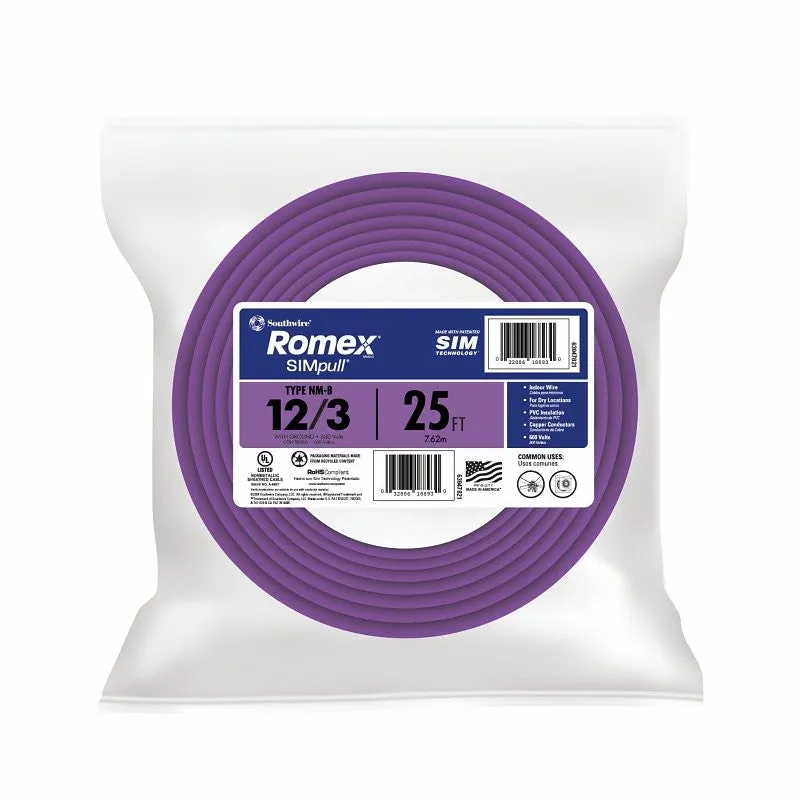 Southwire 12/3NM-WGX25 Sheathed Cable, 12 AWG Wire, 3-Conductor, 25 ft L, Copper Conductor, PVC Insulation