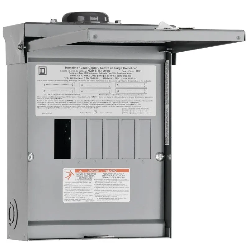 Square D Homeline HOM612L100RBCP Load Center, 100 A, 6 -Space, 12 -Circuit, Main Lug, NEMA 3R Enclosure, Gray