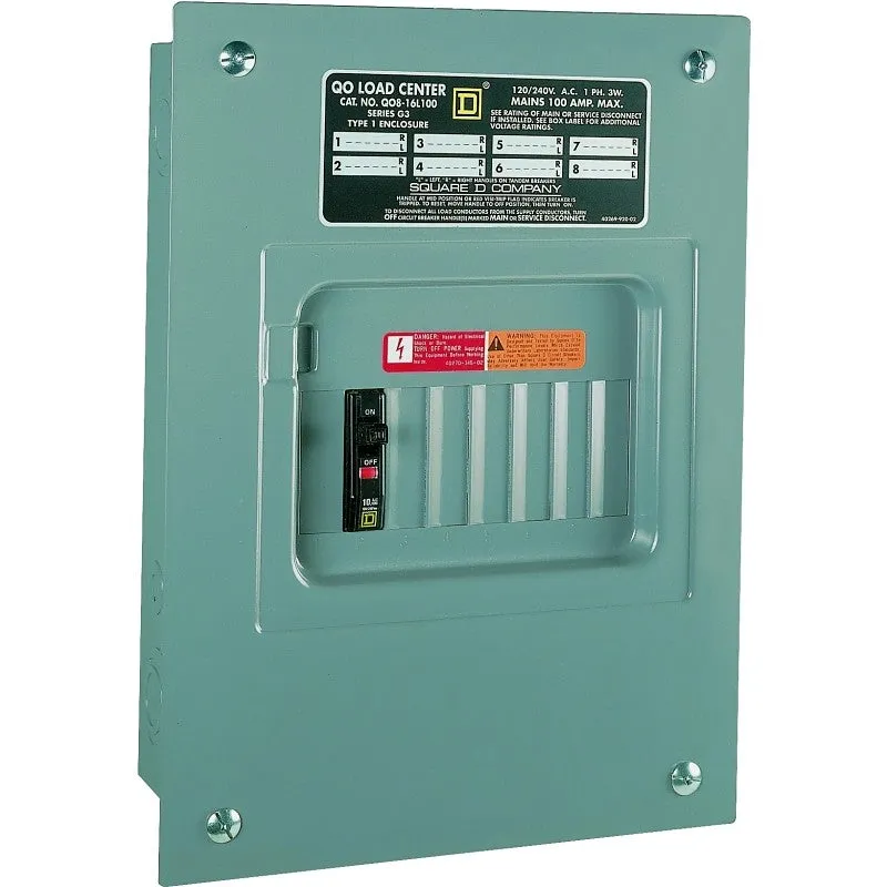 Square D QO QO816L100FCP Load Center, 100 A, 8-Space, 16-Circuit, Main Lug, NEMA 1 Enclosure, Plug, Gray