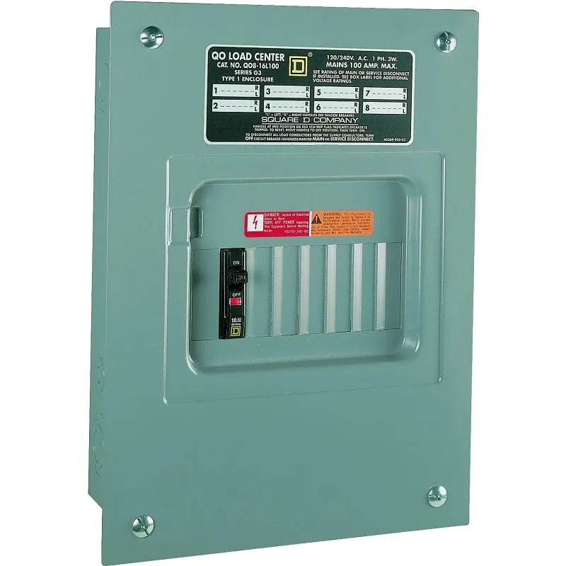 Square D QO QO816L100SCP Load Center, 100 A, 8-Space, 16-Circuit, Main Lug, NEMA 1 Enclosure, Gray, Plug